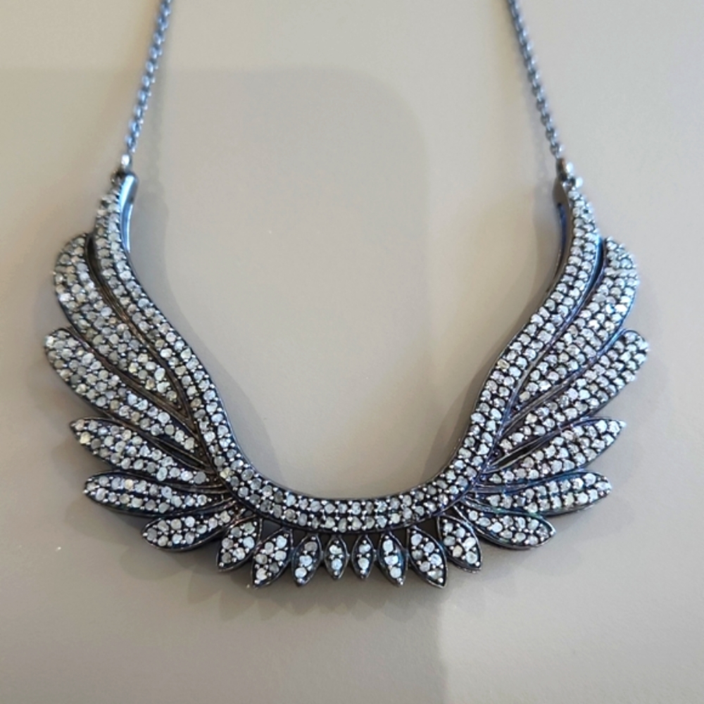 Neiman Marcus angel wings patina sterling sliver genuine 💎  diamond necklace💎✅